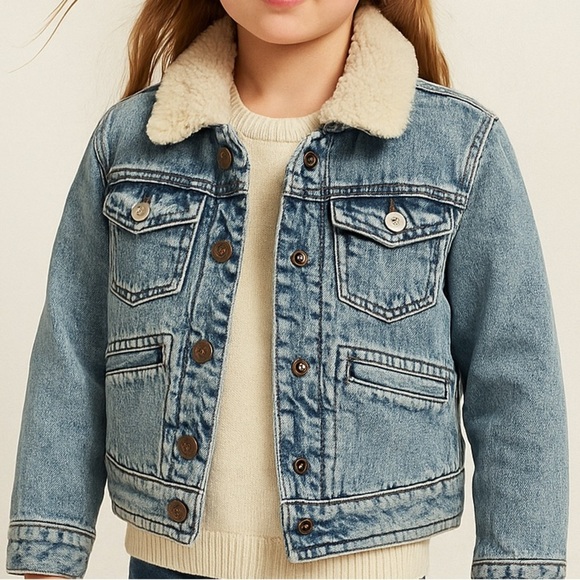 GAP Denim Sherpa Lined Trucker Jacket Kids Medium 8-9 Light Wash Jean Jacket - Picture 1 of 8